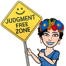 Me as a bitmoji holding a sign, judgement free zone