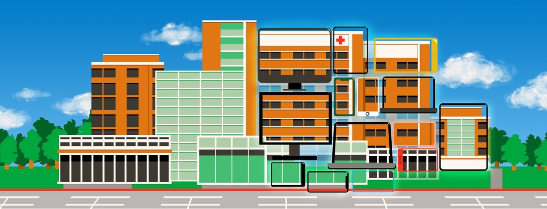 A cluster of hospital buildings shown on one side in physical space and on the other side as images on a group of electronic screens.
