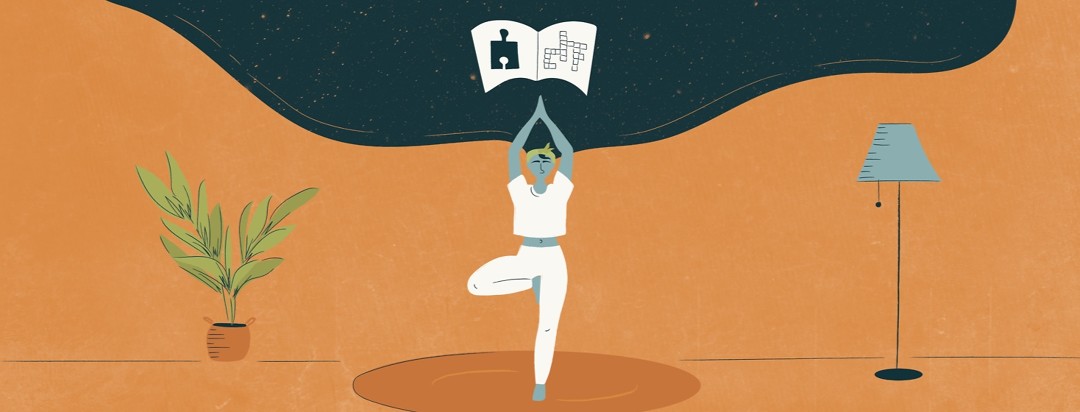 a woman with restless legs syndrome doing yoga with her hands pointing to a book of puzzles