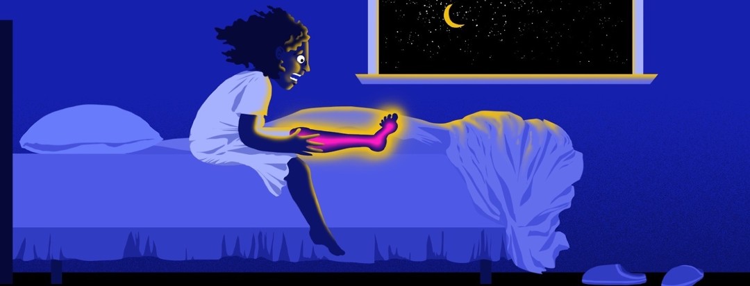 A woman with restless legs syndrome in bed sits up and yells in pain as her leg glows violently in an otherwise dark room