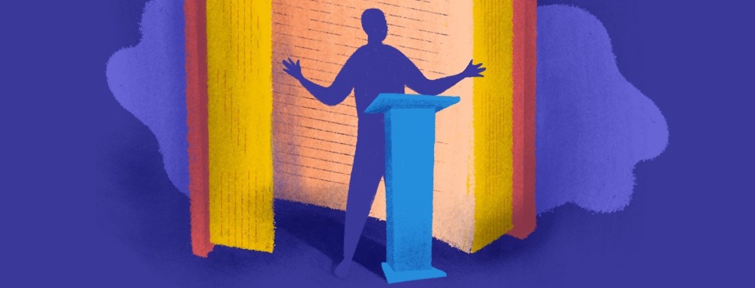 A person with restless legs syndrome stepping out of a larger-than-life open book to speak at a podium.