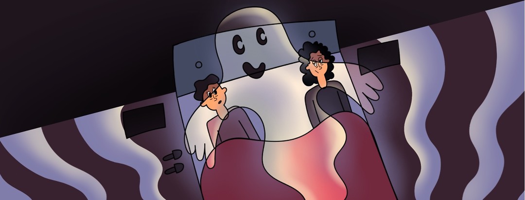 a couple laying in bed with a ghost in their bed with them