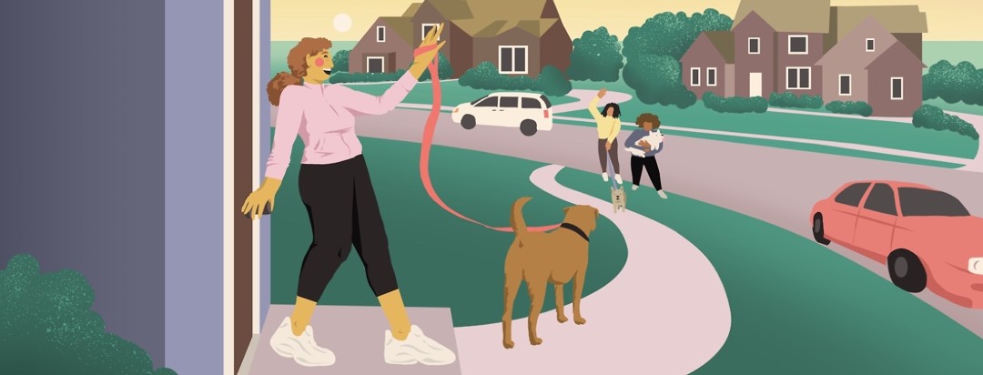 a smiling woman with restless legs syndrome steps outside of her house to walk her dog