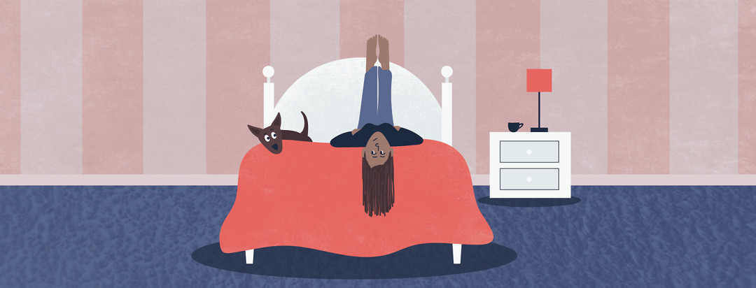 a woman laying on her bed with her legs in the air as her dog looks at her with an annoyed and curious expression