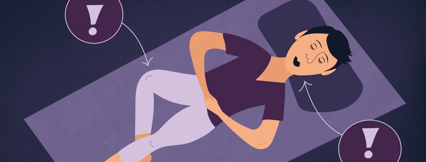 a woman laying in bed with arrows and exclamations pointing to her mouth and her legs