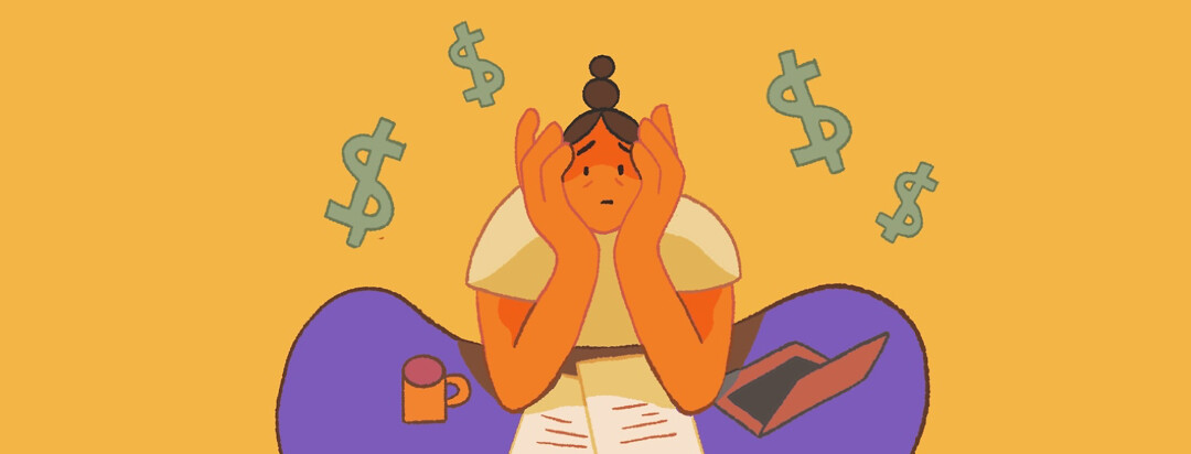 A worried woman sits at a desk with dollar signs floating above her head