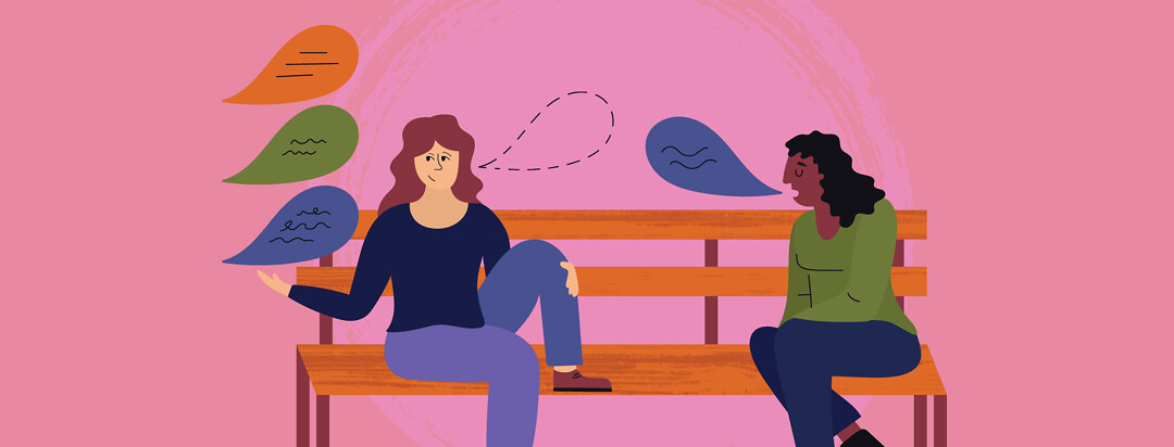 two women having a conversation, one woman has a blue speech bubble and the other woman is choosing between three different speech bubbles
