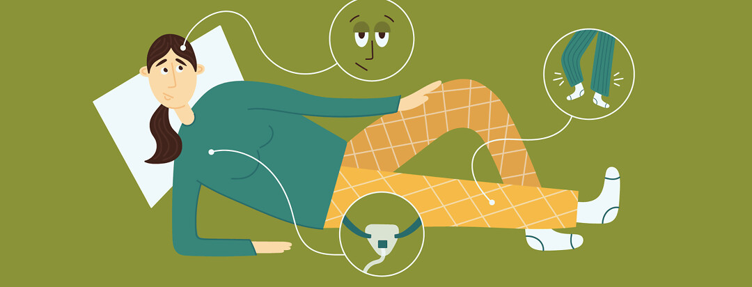a woman laying down with wires coming off of her connected to circles depicting insomnia with a tired person, a sleep apnea mask, and restless legs