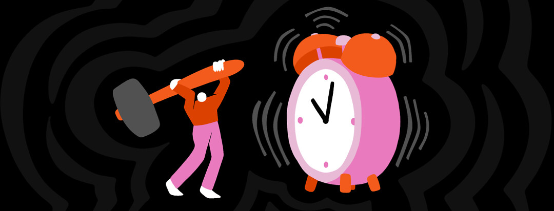 A person hoists a hammer up to smash a large ringing alarm clock