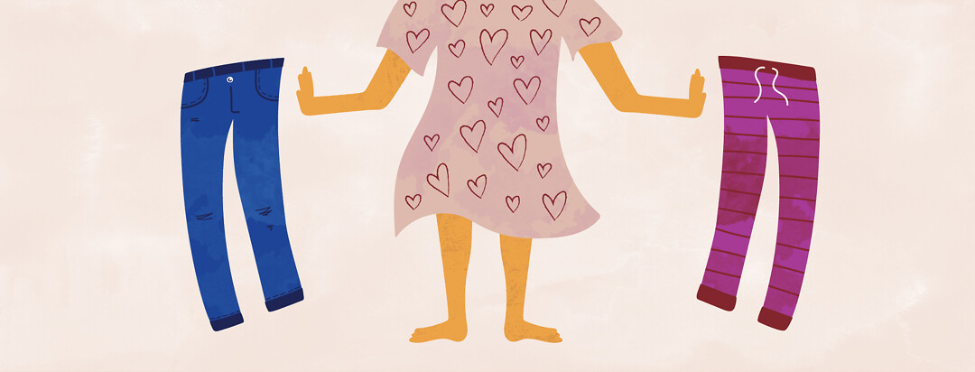 a person in a night gown with hearts on it while they push a pair of jeans and a pair of pajama pants away