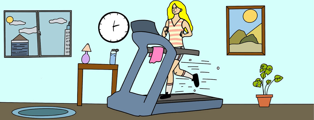 Adult woman confidently running on treadmill in home.