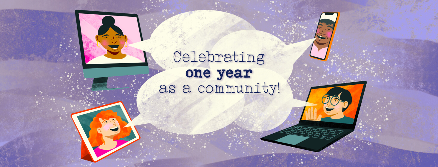 Four people on the screens of a desktop computer, a tablet, a phone, and a laptop emit speech bubbles that overlap