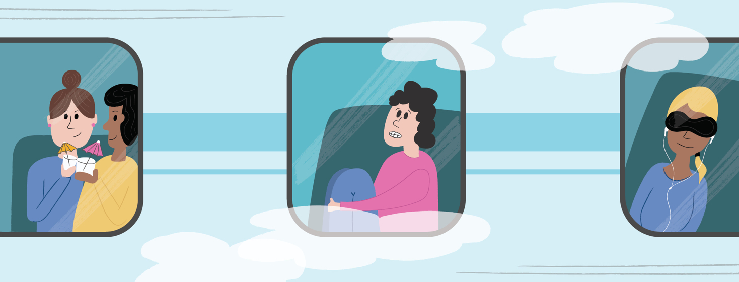 a woman sitting on a plane with her knees to her chest looking anxious, a happy couple drinking, and a woman sleeping and listening to music