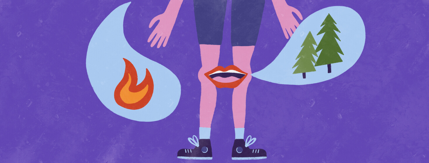 a pair of legs talking about wanting to go outside while another speech bubble shows fires