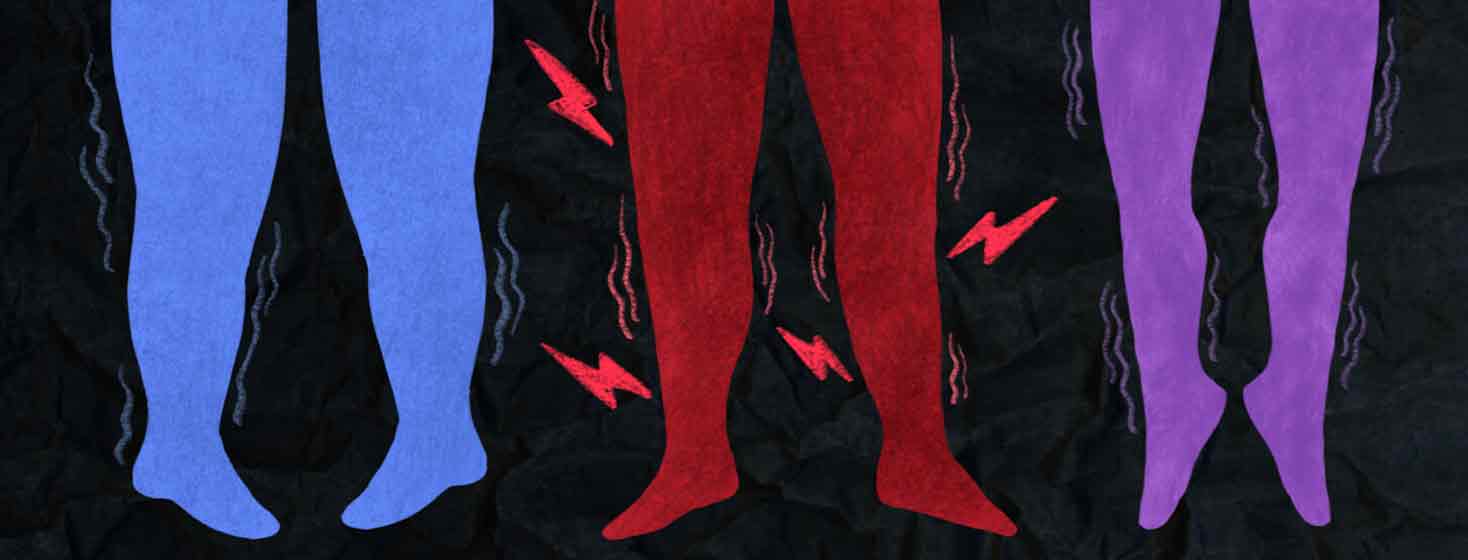 Three pairs of legs with restless leg syndrome standing next to each other. The pair of legs in the middle are experiencing pain where as the other two are just feeling uncomfortable.