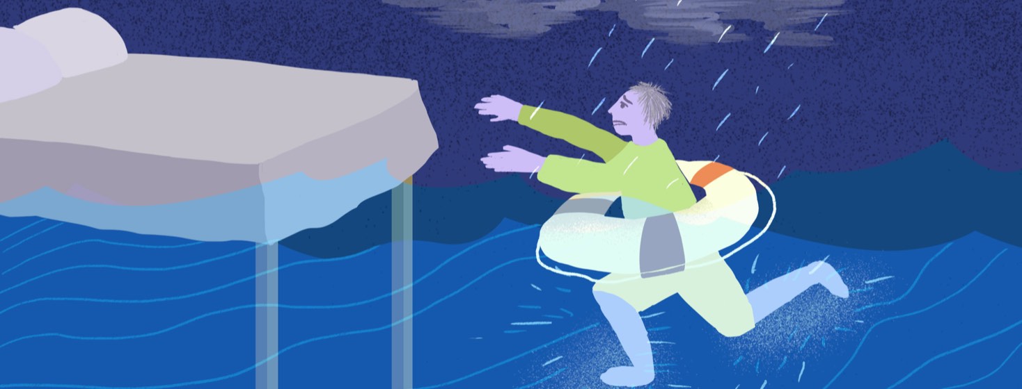 A man in a life preserver float kicking his legs in the water under a storm cloud, trying to reach a bed depicted as a dock.