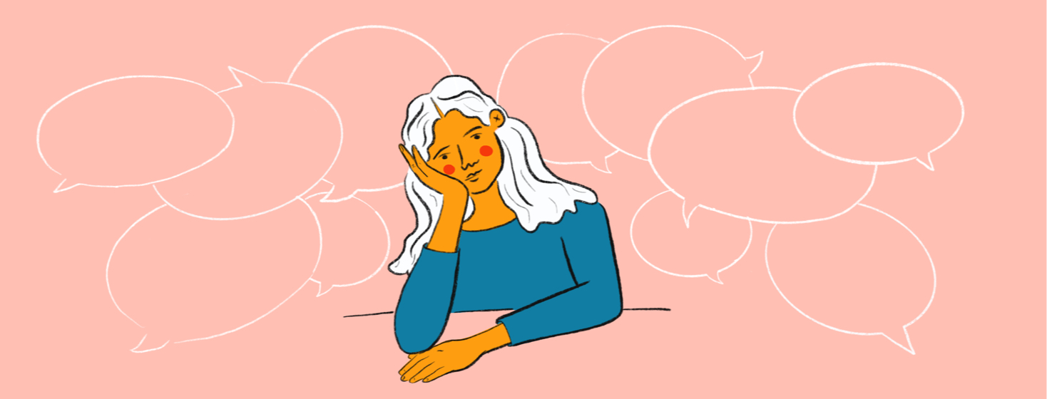 a woman looks annoyed and embarrassed as she sits surrounded by speech bubbles