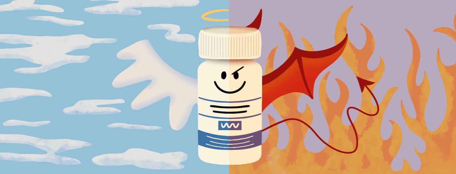 A pill bottle is centered with angel wings and a halo on one side, and a devil's horn, wing and tail on the other.