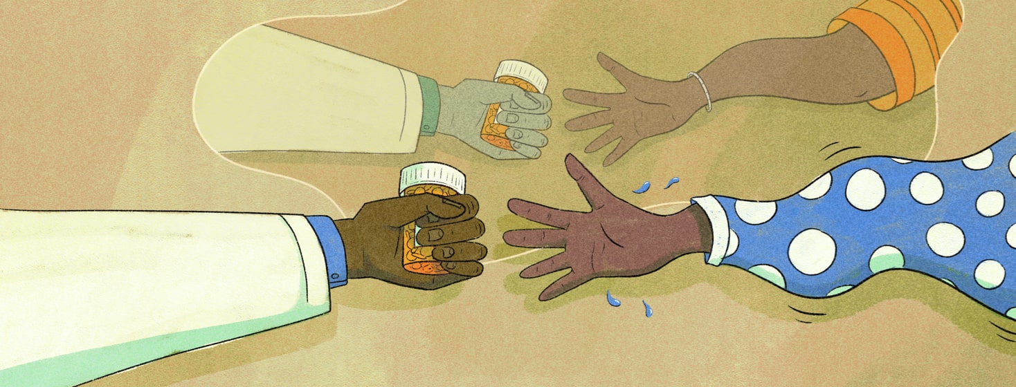 Physician holding out a bottle of pills to a person with outstretched hand