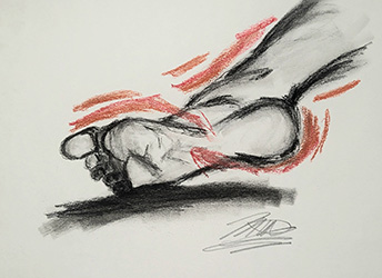 Charcoal sketch of a foot twisted sideways and viewed from underneath, with expressive red lines following the curves of the foot.