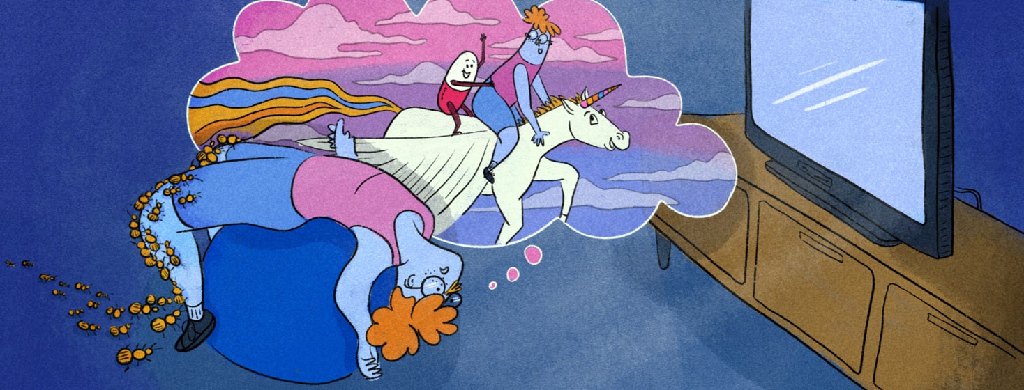 A woman bending backwards over an exercise ball while thinking about riding a unicorn alongside a pill