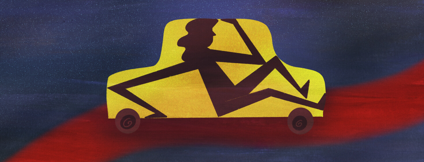 a woman is crammed in the shape of a car which is on a scary red path