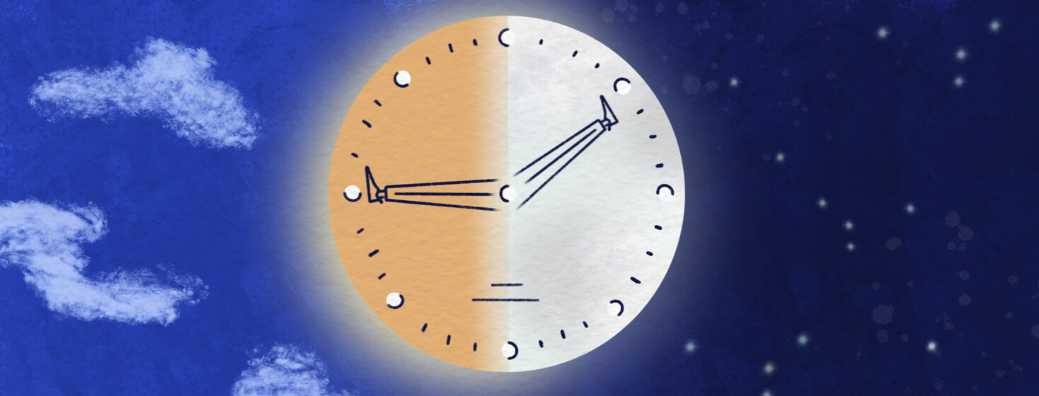 a clock with legs as the hands that is split in half to show night and day with a moon and a sun