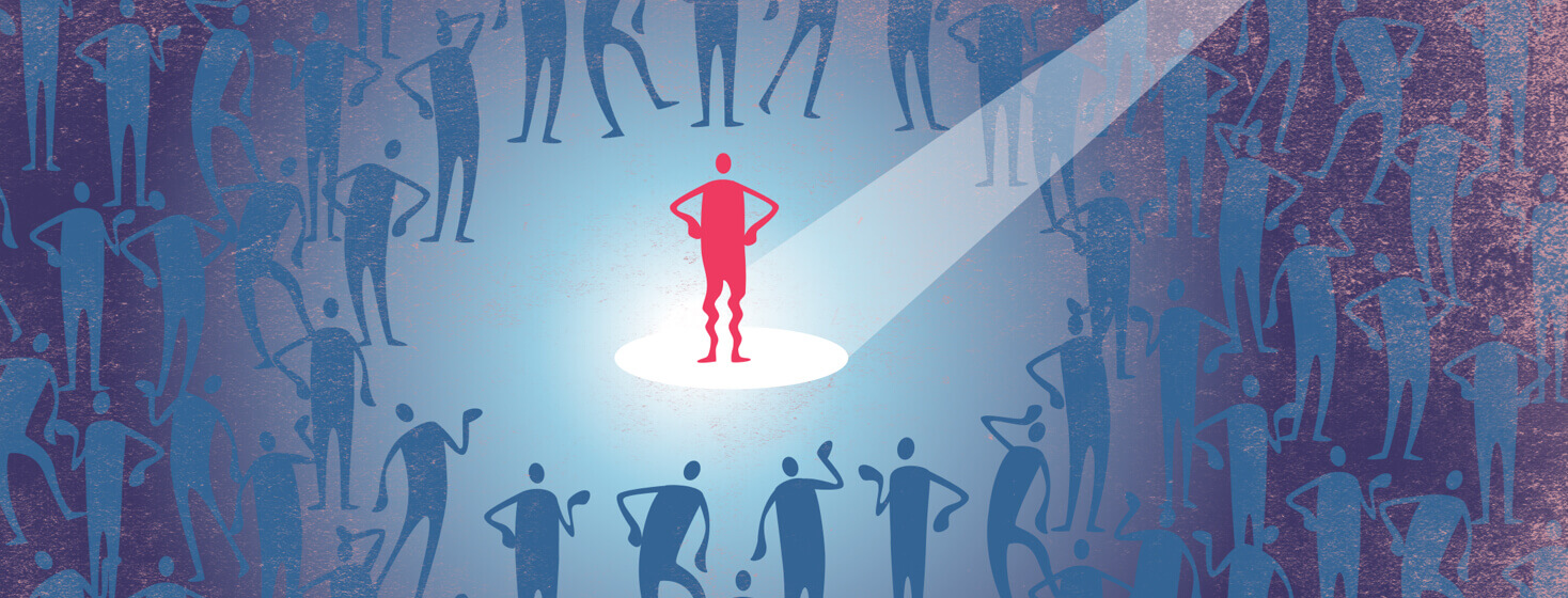 A red person with wiggly legs stands in a spotlight as blue people stand far away in a circle around them showing stigma