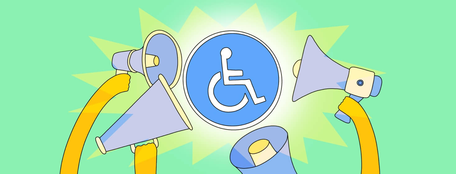 A disability sign surrounded by megaphones.