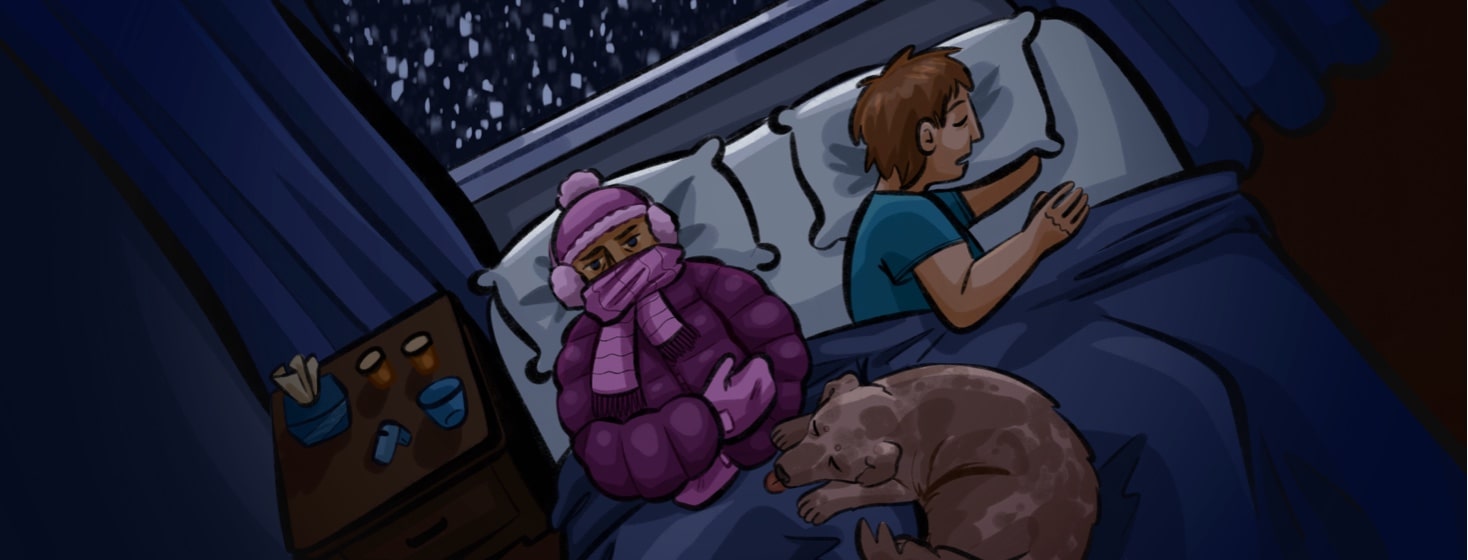 A woman dressed in full winter gear is laying in bed looking uncomfortable, besides her her parter is sleeping and in between them is their dog. On the nightstand next to the bed multiple medications sit, through the window above the bed snow can be seen. Cold, rest, sleep, animal, companions, space