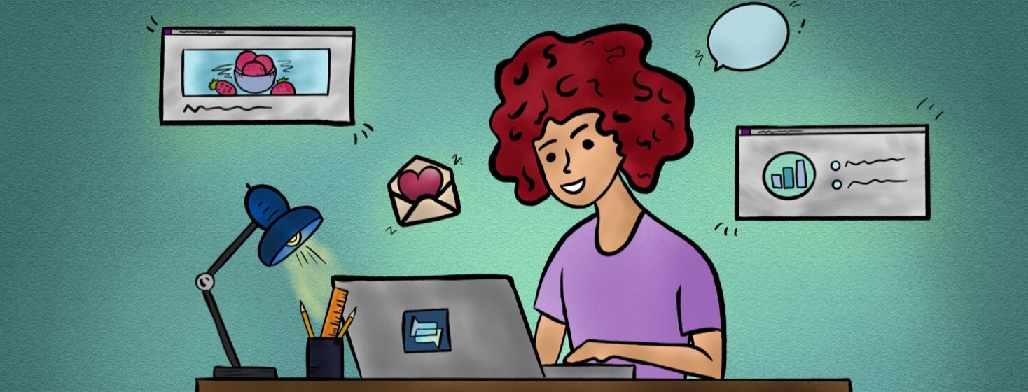 a woman sitting at her laptop while elements of the RLS newsletter hover around her, such as an article, a poll, a heart, and a speech bubble
