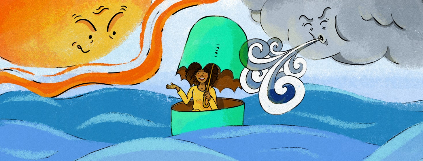 Woman in a pill capsule with the top shaped as an umbrella; an angry sun on left and a cloud blowing wind on right