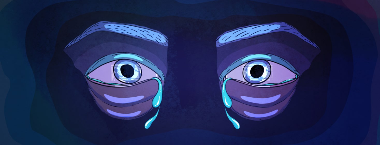 Two eyes with a television show reflected in them and tears flowing out of them